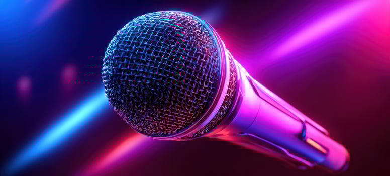 The microphone illuminated in vibrant colors for a lively performance scene. photo