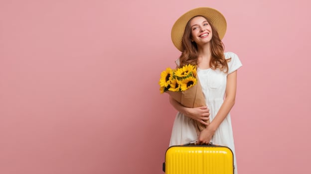 The cheerful woman with a suitcase and sunflowers against a pink background. photo