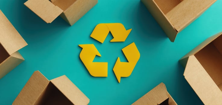 The Yellow Recycling Symbol Surrounded by Cardboard Boxes on a Turquoise Background photo