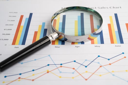 Magnifying glass on spreadsheet and graph paper. Financial development, Banking Account, Statistic, Investment Analytic research photo