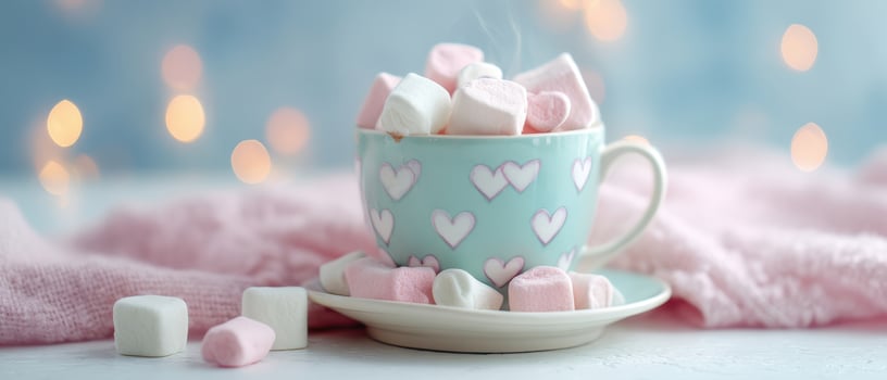The charming cup filled with delightful pastel marshmallows on a soft background. photo