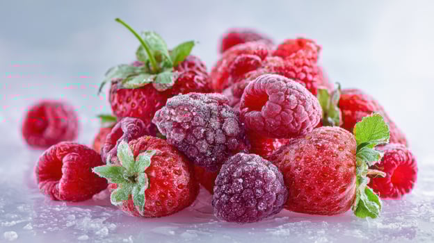 The vibrant pile of frozen strawberries and raspberries scattered with ice crystals. photo
