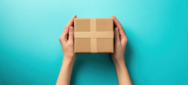 The hands holding a beautifully wrapped gift on a turquoise background. photo