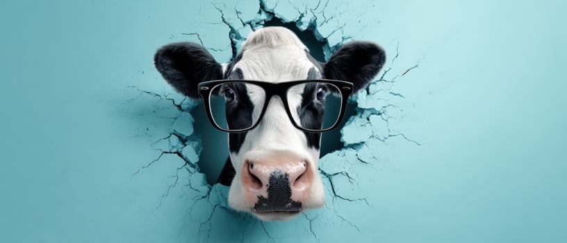 The Cow Wearing Glasses Breaking Through a Blue Wall in a Humorous Design photo