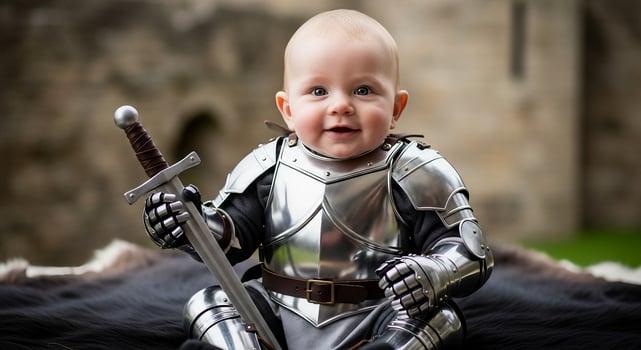 A baby in a knight costume sits on a blanket photo