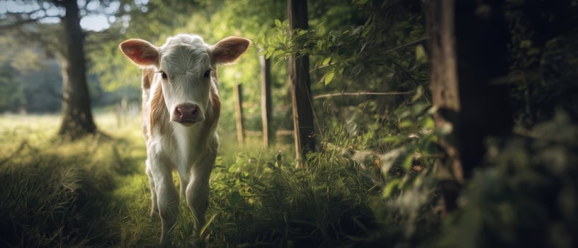 The adorable calf standing in a serene rural landscape with sunlight filtering through trees. photo