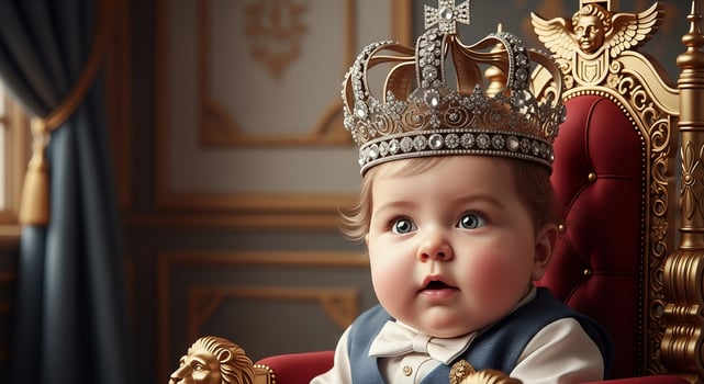 A baby wearing a crown sits on a throne photo