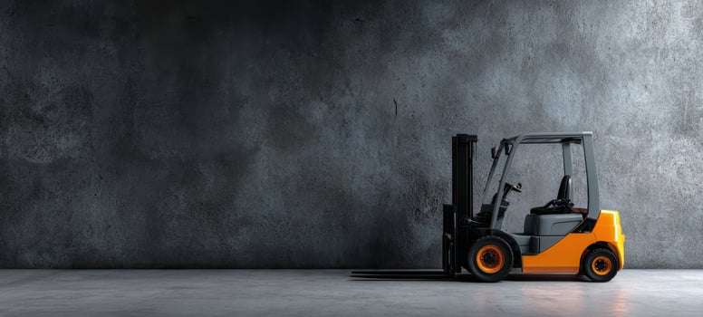 The forklift standing against a gray wall in an industrial environment. photo