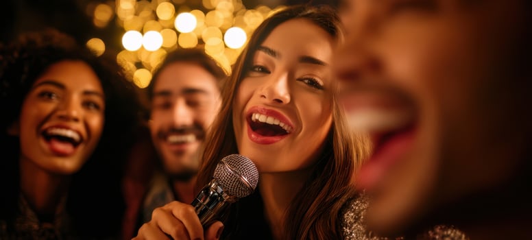 The joyful moment of friends singing together at a lively karaoke party. photo