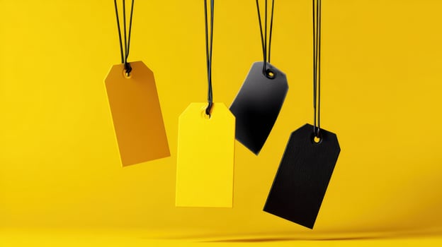 The collection of colorful tags hanging against a vibrant yellow background photo