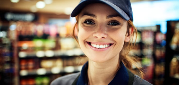 The smiling employee representing friendly service in a vibrant grocery store environment. photo