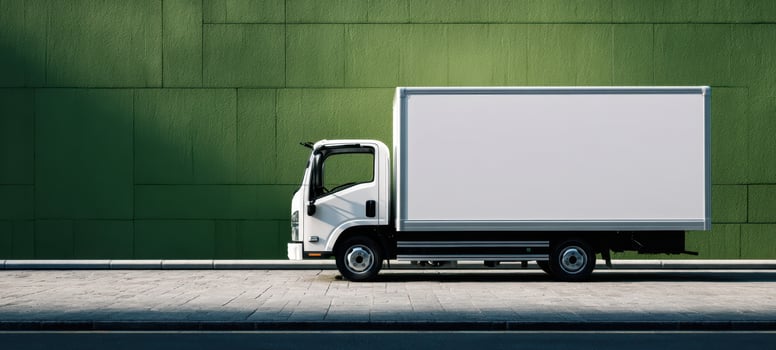 The modern delivery truck parked against a vibrant green wall in the city. photo