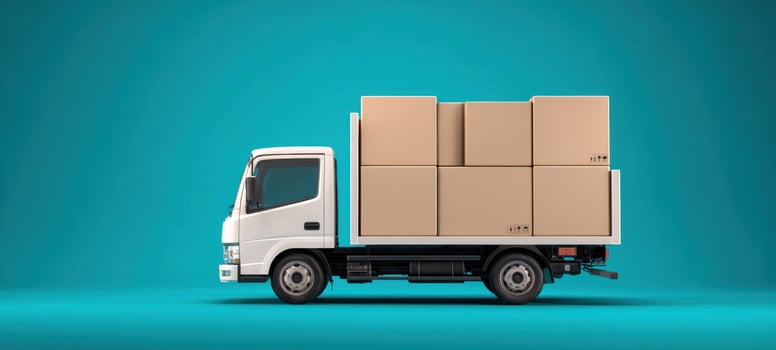 The truck loaded with boxes ready for delivery on a colorful background. photo