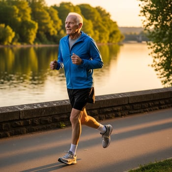 Active Senior Man Jogging Along Riverbank at Sunset, Golden Hour photo