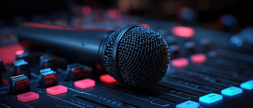 The microphone resting on a sound mixer in a vibrant music studio setting. photo