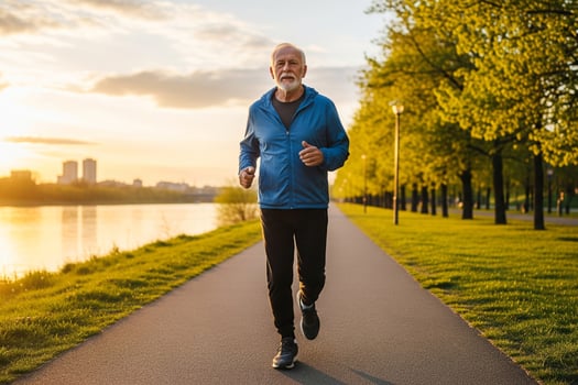 Determined Senior Man's Golden Hour Jog on a Scenic Riverside Path photo