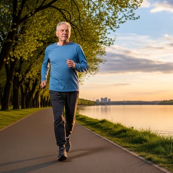 Determined senior man's sunset jog along a tranquil, tree-lined riverside path. photo