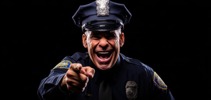 The smiling police officer engaging with laughter and joy in a portrait setting. photo