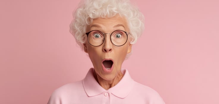 The surprised elderly woman expressing joy and excitement with vibrant pink background. photo