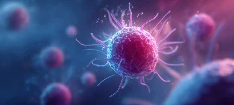 The microscopic view of a colorful virus cell in an abstract environment. photo