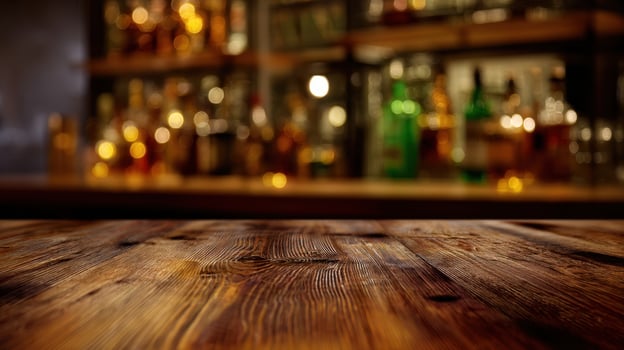 The Elegant Wooden Table Set Against a Blurred Bar Background photo