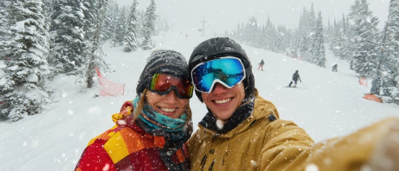 The cheerful couple enjoying a winter ski adventure amidst falling snow. photo
