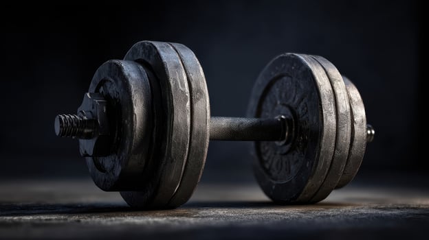 The powerful dumbbell resting on a dark textured surface in a fitness setting. photo