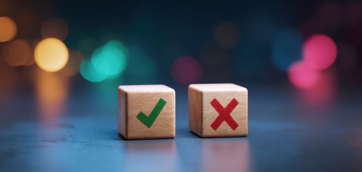 The wooden blocks representing choices with checkmark and cross symbols. photo