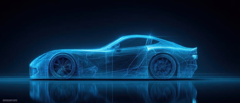 The futuristic blue wireframe car illuminated in a digital landscape. photo
