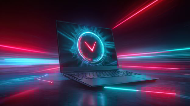 The modern laptop surrounded by vibrant neon lights creating a futuristic atmosphere. photo