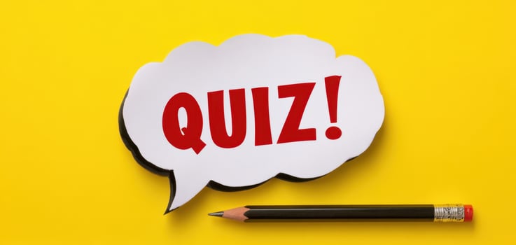 The engaging quiz speech bubble with pencil on a vibrant yellow background. photo
