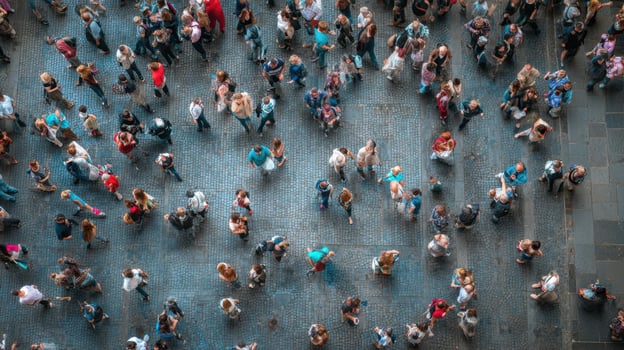 The bustling crowd moves through the vibrant urban space during daytime activities. photo