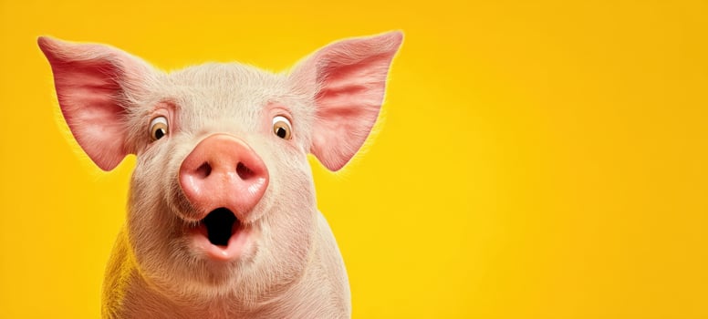 The surprised pig with a joyful expression on a bright yellow background. photo