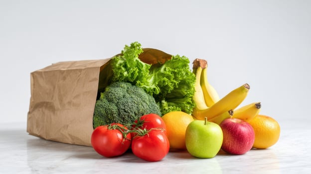 The colorful assortment of fresh fruits and vegetables in a paper bag photo