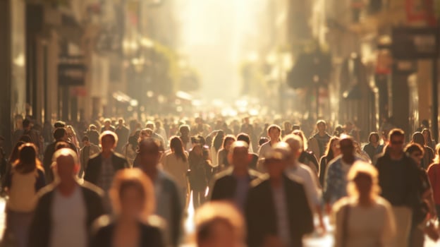 The busy street filled with people enjoying a sunny afternoon in the city photo