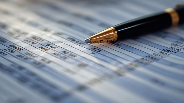 The elegant pen positioned on a financial document with detailed statistics. photo
