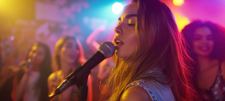 The captivating singer performing passionately at a vibrant party atmosphere. photo