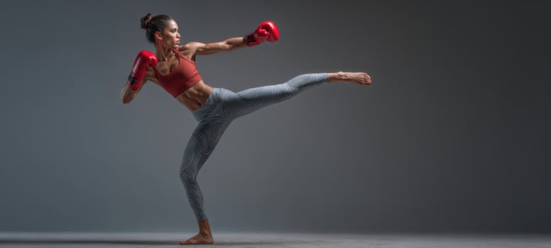 The athletic woman demonstrating powerful kickboxing technique in a dynamic studio setting. photo