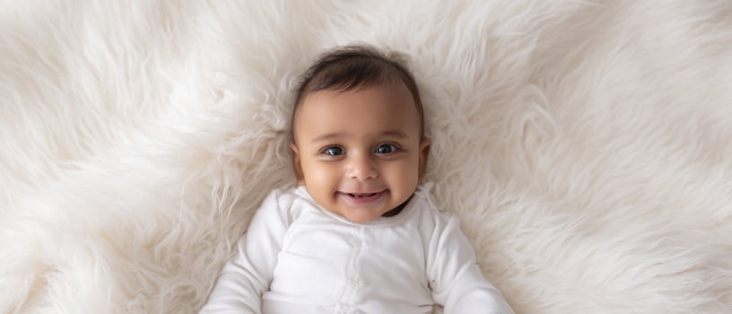 The adorable baby smiling joyfully on a soft, fluffy blanket. photo