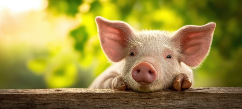 The charming little pig resting against a wooden fence in nature. photo