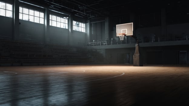 The empty basketball court with dramatic lighting and shadows. photo