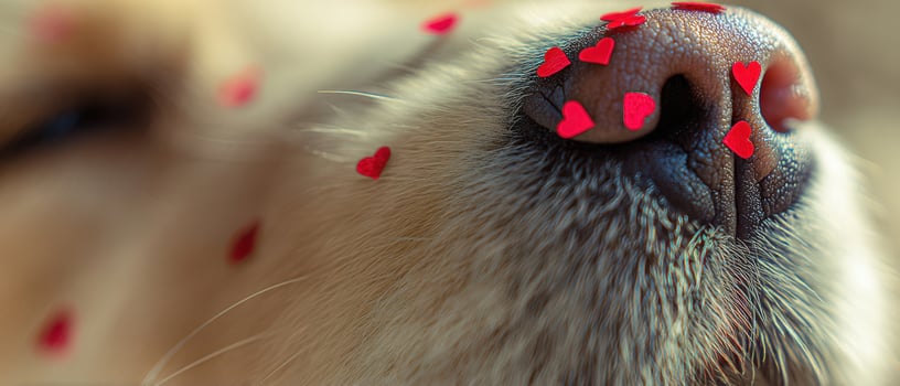 The adorable dog with playful heart-shaped decorations on its nose. photo