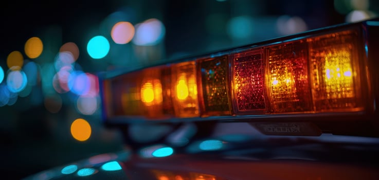 The glowing police lights signaling urgency in a vibrant city nightlife scene photo
