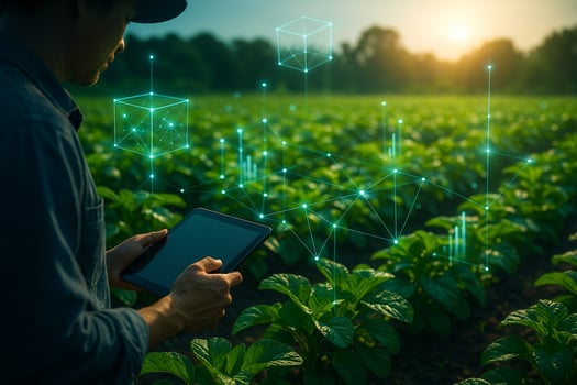 modern agriculture scene showing a farmer using tablet in smart farm with glowing digital data overlays on green crops under warm sunlight photo