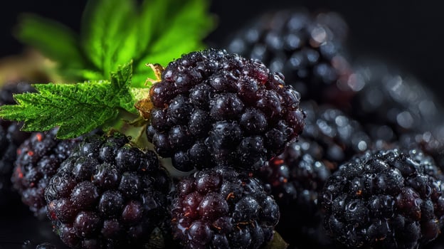 The lush blackberries glistening with dewdrops against a dark background. photo
