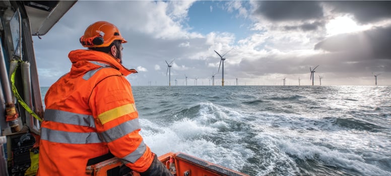 The worker navigating the sea near wind turbines on a cloudy day photo
