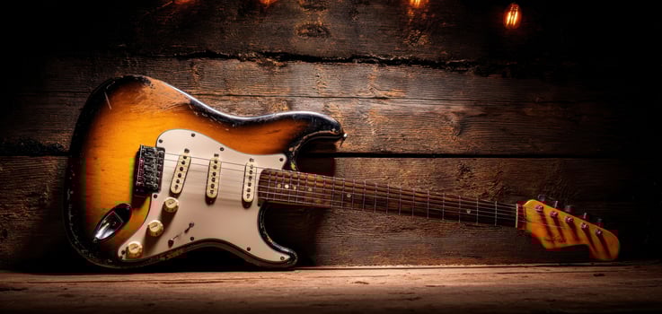 The vintage electric guitar resting elegantly on a wooden surface. photo