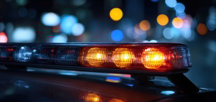 The illuminated police light bar shining bright during a city night scene. photo