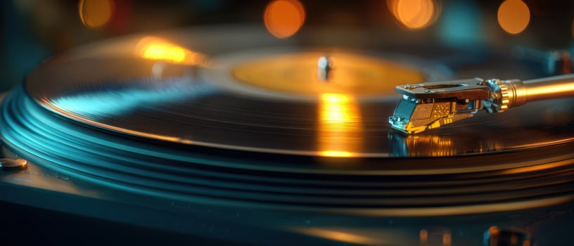 The captivating turntable spinning a classic vinyl record in warm light. photo