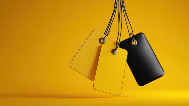 The Colorful Tags Hanging Against a Bright Yellow Background photo